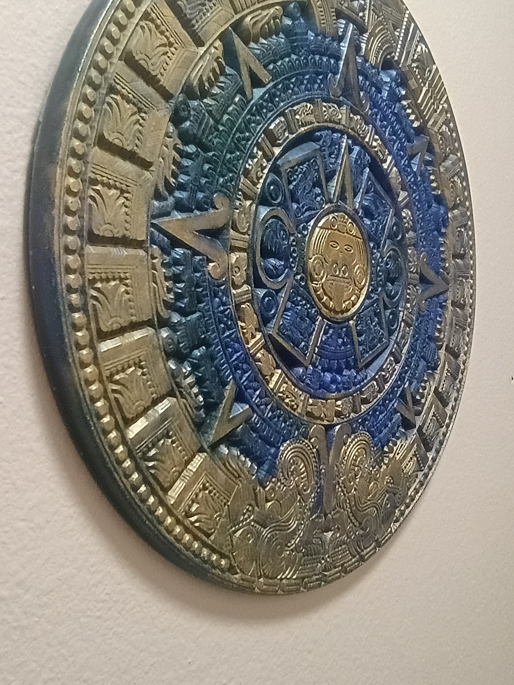 Handmade Resin Blue Emerald Green Blend Aztec Calendar Wall Plaque-Over 12" Dia.